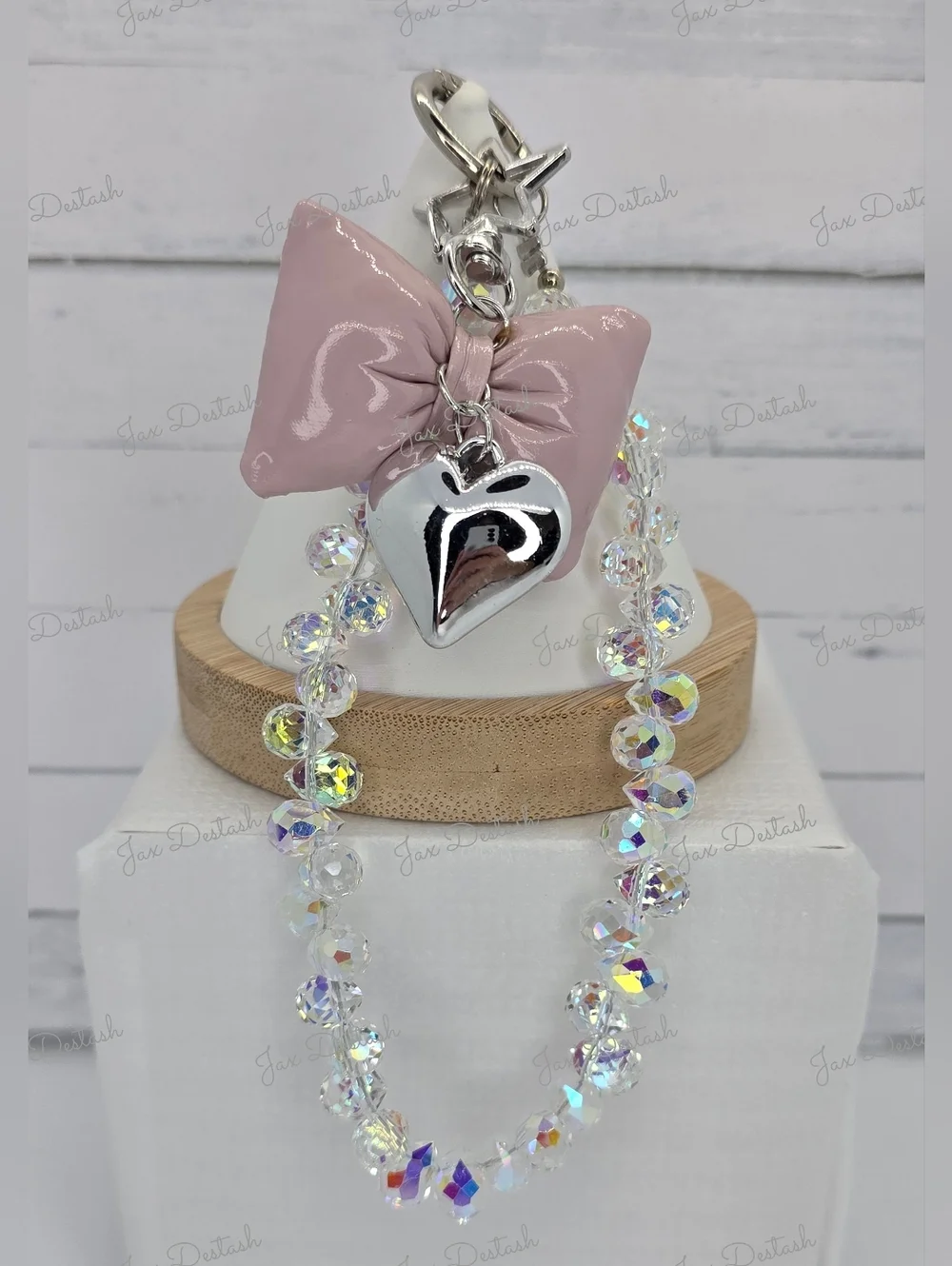 Iridescent Beaded Pink Bow & Silver Heart Phone/Key Lanyard CH4377